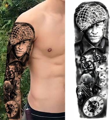 stylizeink Faug Commando Clock Love Temporary Tattoos Full Arm Large Sleeve Tattoos