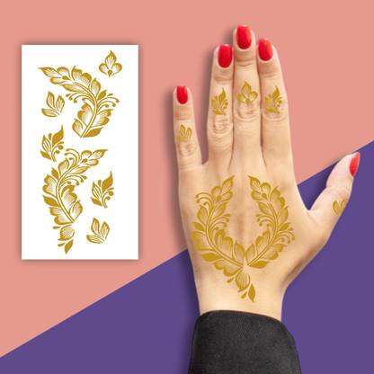 komstec Feather Golden Flowers With Leaf Mehndi Design For Single Hand