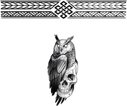 TATMODS Modern Men Round Hand Band With Owl Skull Black Temporary Tattoo Pack 2