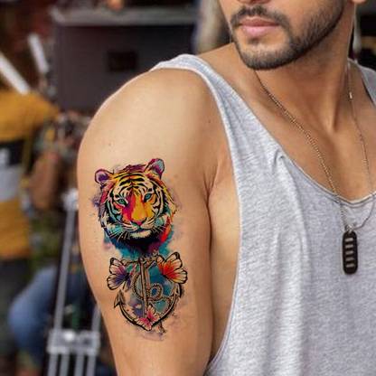 TATMODS Colourful Tiger With Hook Butterfly Temporary Tattoo Waterproof Men and Woman