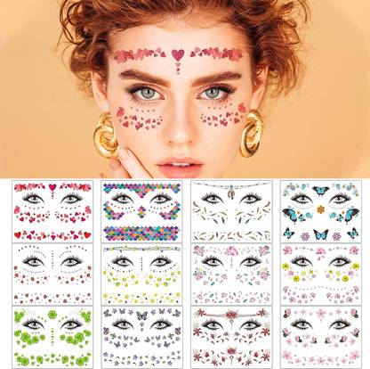 HANNEA 12 Sheets Glitter Face Stickers Waterproof Temporary Tattoo Stickers for Eye Mak