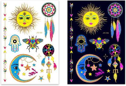 S.A.V.I Neon Temporary Tattoos, Glow UV Neon Body Face Skin Large Tattoo, Sun,