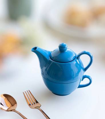 Claymistry Microwave-Safe Ceramic Blue Kettle with Cup | Set of 1 Tea Urn