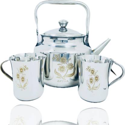 Artha S.S Laser Printed Tea Kettle 1 Ltr With 2 Maching Laser Printed Cups 200Ml Each Tea Urn