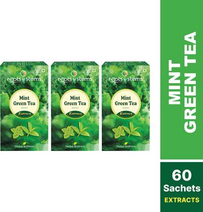 Roots & Stems Green Tea Mint Extract Premix |Instant Mix Green Tea with Probiotic for Fat Loss Mint Green Tea Box