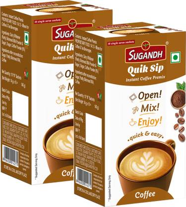 Sugandh Quik Sip Instant Coffee Premix-Single Serve Sachets-2 Boxes of 10 Sachets each Instant Tea Box