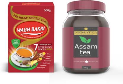 Waghbakri Premium Leaf Tea - 500g & Nema Premium Leaf Tea - 500g Combo Pack Black Tea Mason Jar