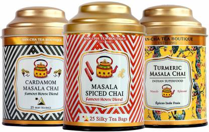 SANCHA Masala Chai Tea Bundle| Turmeric Chai, Masala Chai & Cardamom Chai| Pack of 3 Spices Masala Tea Bags Tin