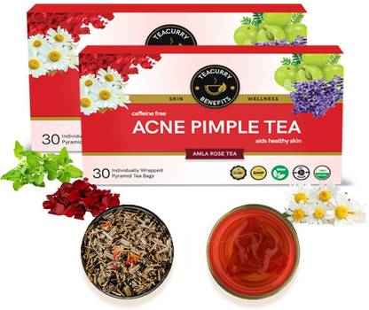 TEACURRY Acne Tea | Pimples, Cysts, Whiteheads, Blackheads, Pustules and Nodules | 60 TeaBags, 120 Cups | 100% Herbal Tea Hibiscus Herbal Tea Bags Pouch