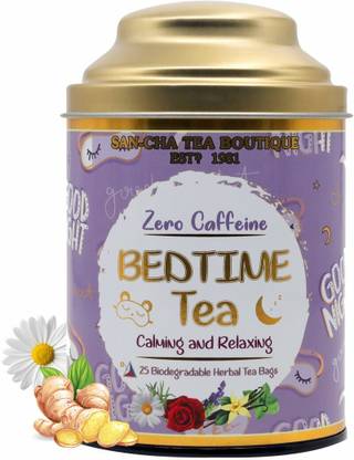 SANCHA Bed Time Tea|Sleep Tea|(Pack of 25) Pyramid Tea Bags|Caffeine Free Chamomile Herbal Tea Bags Tin