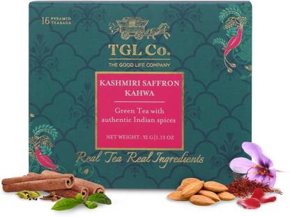 TGL Co. Kashmiri Kahwa 16 | Enhance Digestion Cardamom, Cloves, Rose, Almond, Saffron, Cinnamon Green Tea Box