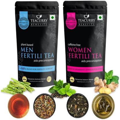TEACURRY Men Women Fertility Support Tea with Diet Charts - 100 + 100 Gms Loose Tea | Helps In Increasing Count, Promotes Ovulation, Performance and Drive Hibiscus Herbal Tea Pouch