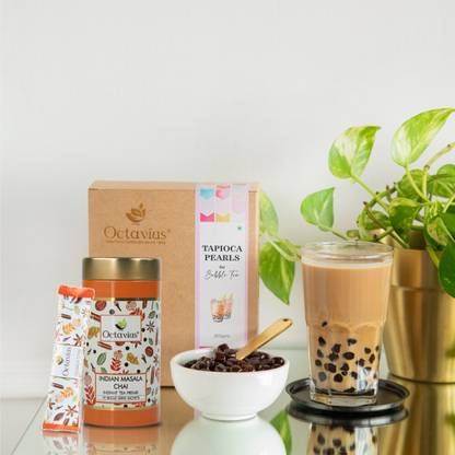 Octavius Bubble Tea Tapioca Pearls With Masala Chai Premix 10 Sachets & 10 Straw Masala Tea Box