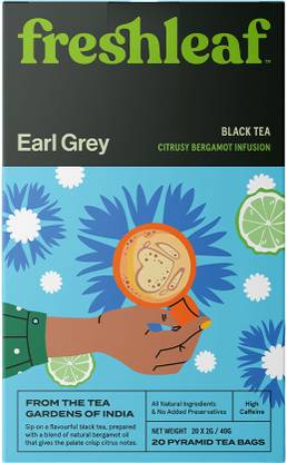 FRESHLEAF Earl Grey Black Tea, a Delectable refreshing Drink, Premium Black Tea, Rich Flavour, Made with 100% Whole Long Leaf, 100 Pyramid Tea Bags Black Tea Bags Box