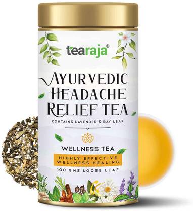 Tearaja Ayurvedic Headache Relief Herbal Tea 100 Gms | Relief Migraine & Tension | Promote Relaxation & Alleviate Stress | Contains - USDA Certified Organic Green Tea, Peppermint, Holy Basil (Tulsi), Lavender, Chamomile, Cinnamon, Ginger and others | Nitrogen Flushed, Vacuum Sealed For Freshness | Spices Herbal Tea Vacuum Pack