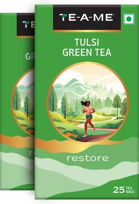 TE-A-ME Pack of 2 (2 X 25 = 50 Tea Bags) Tulsi Green Tea Bags Box