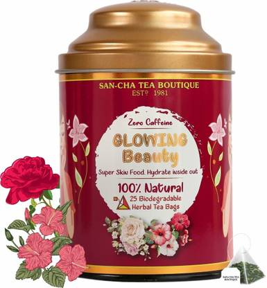 SANCHA Glowing Beauty Tea| 25 Pyramid Tea Bags| Tea for Glowing Skin| Detox Hibiscus Herbal Tea Bags Tin