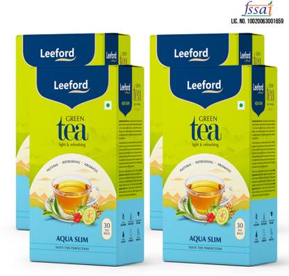 Leeford Aqua Slim Green Tea | Detox & Weight Control with Garcinia, Moringa & Hibiscus Green Tea Bags Box