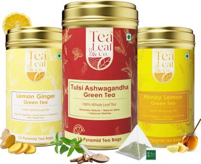 TLC Tulsi Ashwagandha+Lemon Ginger+Honey Lemon Green Tea Combo Pyramid Ashwagandha, Tulsi, Honey, Lemon Green Tea Bags Tin