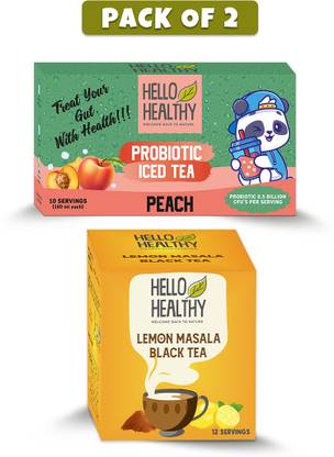 Hello Healthy Lemon Masala Black Tea (12 Sachets) and Probiotic Peach Iced Tea (20 Sachets) Lemon, Peach Black Tea Box