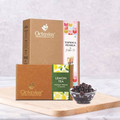 Octavius Bubble Tea Tapioca Pearls With Lemon Ice Tea Premix 10 Sachets & 10 Straw Iced Tea Box