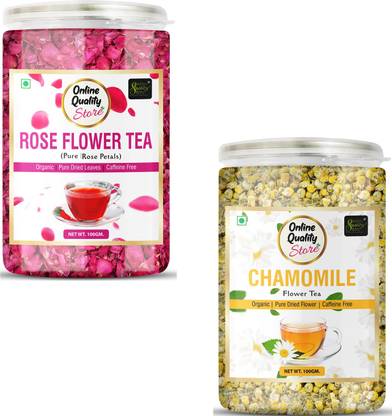 Online Quality Store Organic Rose Flower Tea, Chamomile Flower Tea Combo - 100g Each Pack | Chamomile, Rose Herbal Tea Plastic Bottle