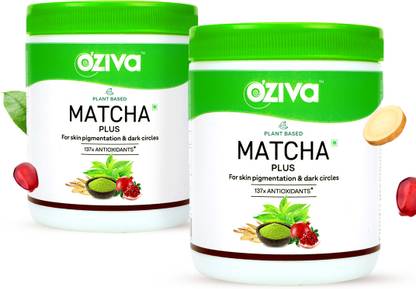 OZiva Plant Based Matcha Plus ( Licorice & Activated Charcoal) for Skin Pigmentation Herbs Matcha Tea Plastic Bottle
