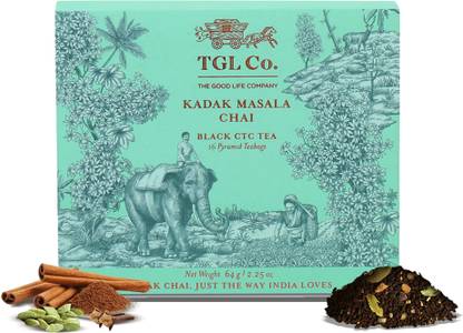 TGL Co. Kadak Masala Chai Tea Black Tea, 16 Tea Bags Ginger, Cardamom Masala Tea Box