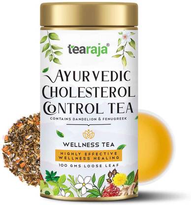 Tearaja Ayurvedic Cholesterol Control Herbal Tea | 100 Gms |Lower Cholesterol | Improves Health | Regulates Body Temperature | 100 % Natural Herbs- Jasmine, Coriander seeds, Fenugreek, Dandelion, Ginger, Holy Basil & others | Vacuum Packed To Retain Freshness | Herbs Herbal Tea Vacuum Pack