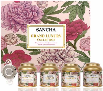 SANCHA Grand Luxury Collection Tea Gift Box|4 Luxury Teas & Tea Infuser|Premium Assorted Black Tea Festive Gift Box