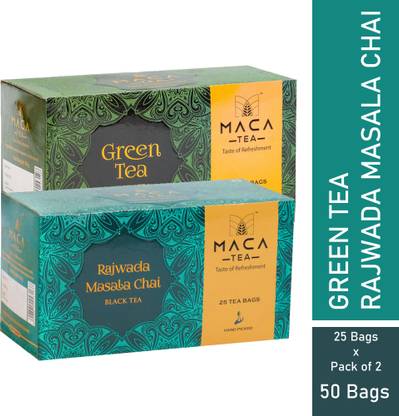 MACA TEA Premium Quality Green Tea & Rajwada Masala Tea Bags Box