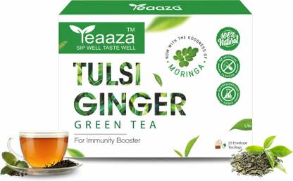 Teaaza Tulsi Ginger Green Tea, 100% Pure Ingredients - Tulsi, Ginger& Green Tea | Vegan Tulsi, Ginger Green Tea Bags Box