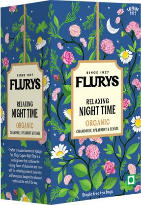 Flurys Relaxing Organic Night Time Mint, Chamomile, Fennel Herbal Infusion Tea Bags Box