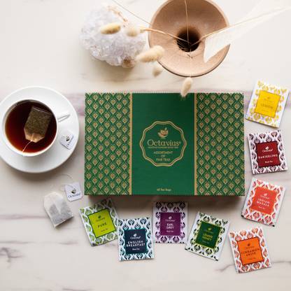 Octavius Assortment of Fine Black & Green Teas – 48 Teabags | Perfect for Gifting | 8 Tea Bags Festive Gift Box