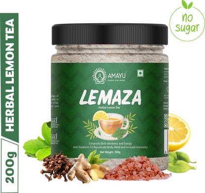 AMAYU LEMAZA Herbal Lemon Green Tea Powder with Stevia | Weight Loss & No Added Sugar Lemon, Cardamom, Cloves, Ginger, Herbs, Spices, Tulsi, Assorted Green Tea Mason Jar
