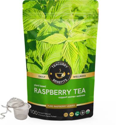 TEACURRY Raspberry Leaf Tea (1 Month, 100g) + Infuser - For Period, Fertility, Pregnancy Raspberry Herbal Tea Pouch
