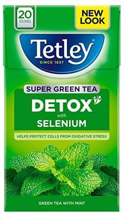 Tetley Super Detox with Selenium Green Tea with Mint 20 Bags Mint Green Tea Bags Box