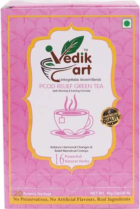 Vedik Art PCOD Relief Green Tea With Morning & Evening Formula Reduce Menstrual Cramps Tulsi Green Tea Box