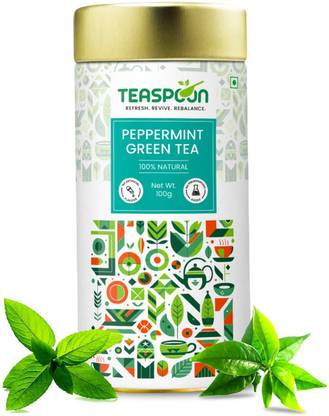 TeaSpoon Peppermint Green Tea|100gm Loose Leaf Tea|Improves Metabolism|Zero Bitterness| Peppermint Green Tea Tin