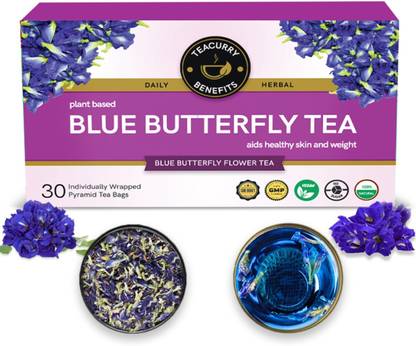 TEACURRY Butterfly Pea Flower (30 Pyramid,60 Cups) - Helps with Weight Loss Assorted Herbal Tea Pouch
