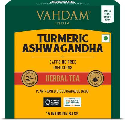 Vahdam Organic Ashwagandha Turmeric Herbal Tea Bags Box