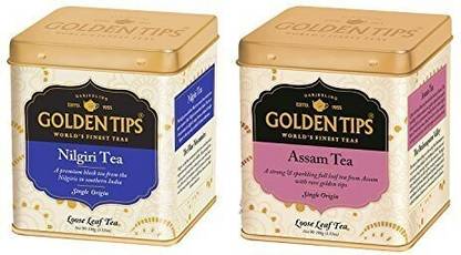Golden Tips Tin Can ( Pack of 2 - Pure Nilgiri Black Tea and Assam Black Tea, 100g Each) | Assam Tea Peach Black Tea Tin