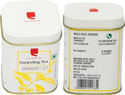 Café Coffee Day Darjeeling Tea Bags Each 30 g (1.5g x 15 Pyramid dip bags inside tin)| Pack of 2 Unflavoured Tea Bags Tin
