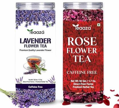 Teaaza COMBO – Lavender Flower Tea - 50g & Rose Flower Tea - 50g | SUPER ANTI-OXIDANT | Rose, Lavender Herbal Tea Box