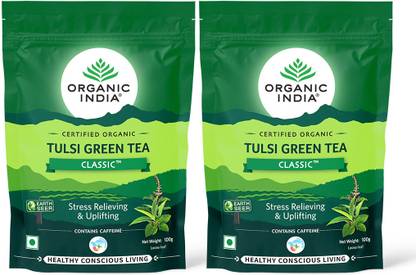 ORGANIC INDIA Pack of 2 Tulsi Green Tea Classic 100 gm zipper Ginger Green Tea Pouch