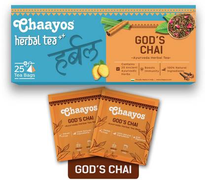 Chaayos Ayurveda Herbal Tea (God's Chai) Tea Bags - 50 Pyramid Tea Bags | 21 Natural Herbs | 100% Natural Immunity Booster | Herbal Tea Bags 50 Pcs | Detox Tea | Green Tea | Tea | Weight loss Herbal Tea Herbal Tea Bags Box