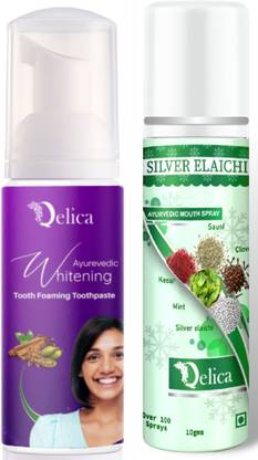 Qelica Teeth Whitening Foam 50ml and Silver Elachi Ayurvedic Mouth Freshener Spray 10gm Teeth Whitening Kit