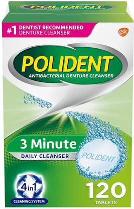 Polident 3 Minute Triple Mint Antibacterial Denture Cleanser Effervescent- 120 Tablets Teeth Whitening liquid
