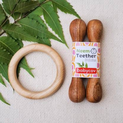 BABYCOV Neem Wood Teethers for Baby Set of 2 | for 3 Months Baby. (Teether Stick Ring) Teether
