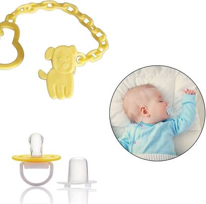 Safe-o-kid Animal Design Silicone Pacifier/Soother with Holder Chain and Clip, Yellow Dog Soother
